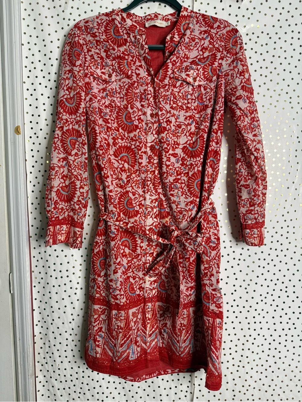 Tory Burch Red Printed Long-Sleeve Tie-Waist Dress